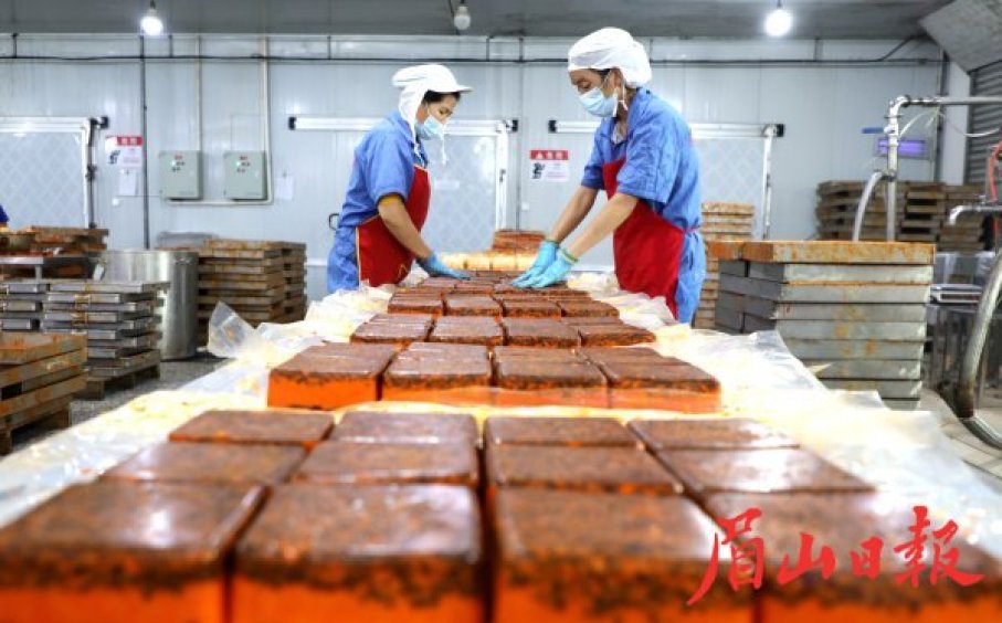 四川厨丰食品有限公司的生产车间内，工人正在制作火锅底料。